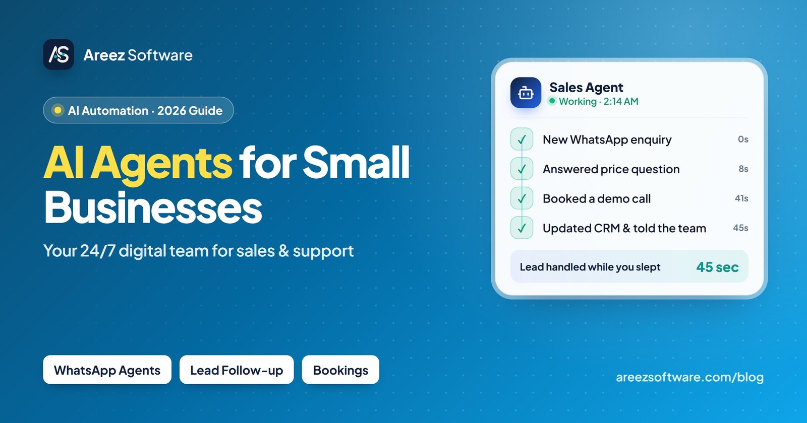 AI agents for small businesses: an AI sales agent answering a WhatsApp enquiry, booking a demo and updating the CRM in 45 seconds