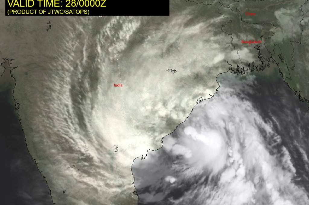 Satellite image of Cyclone Arnab over the Andhra Pradesh coast at the time of landfall on 28 October 2026