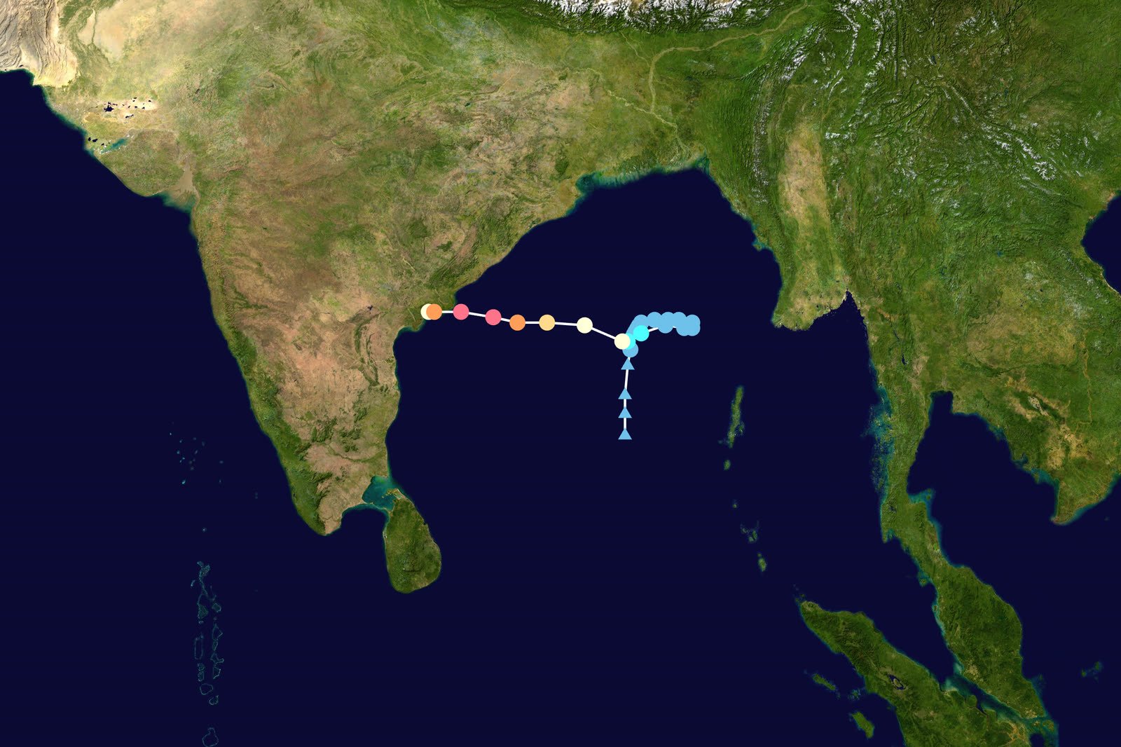 Map of India and the Bay of Bengal showing the path of Cyclone Arnab from the sea to the Andhra Pradesh coast