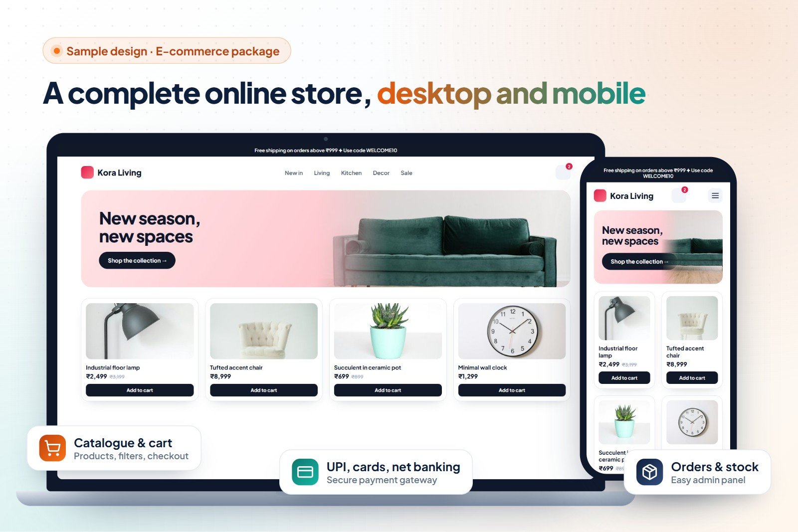 Sample online store design shown on a laptop and a mobile phone, with product cards, prices and add to cart buttons