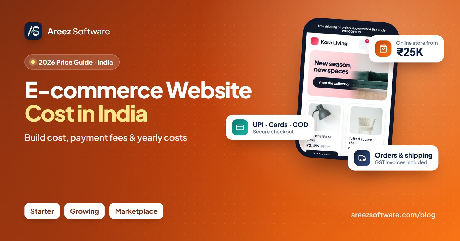 E-commerce website cost in India 2026: online store from ₹25K with UPI, card and COD checkout, orders and shipping